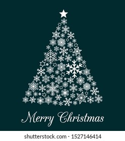 Merry Christmas greeting card with triangle christmas tree made from various white snowflakes isolated on green background. Vector EPS 10 illustration for Holiday designs, invitation, print or web