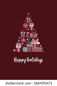 Merry Christmas greeting card with triangle pine tree made of gift boxes on dark red background. Hand drawn flat vector illustration.