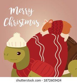 merry christmas greeting card with turtle hamster with sweater and hat vector illustration