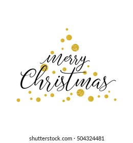 Merry Christmas greeting card. Typographic vector design, golden glitter dots.