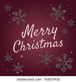 Merry Christmas greeting card with typographical text, shiny pink letters. Xmas holiday vector banner with silver glittering snowflakes, lights, stars on dark red background. Elegant design template