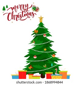 Merry christmas greeting card with typography text and christmas tree illustration.