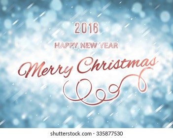 Merry Christmas Greeting Card with Typography on Blue Snowy Vector Background. 