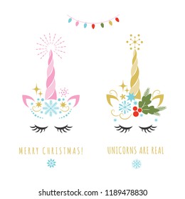 Merry Christmas Greeting Card With Unicorn, Vector Illustration,  Card And Shirt Design