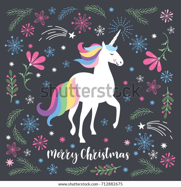 Download Merry Christmas Greeting Card Unicorn Vector Stock Vector Royalty Free 712882675