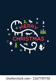 Merry Christmas. Greeting card. Unique flat illustration of winter forest with fox, elk, hare, houses and spruces.