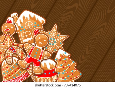 Merry Christmas greeting card with various gingerbreads.