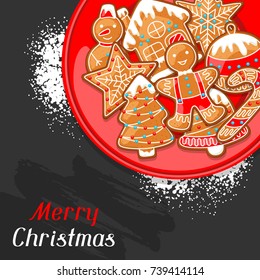 Merry Christmas greeting card with various gingerbreads.