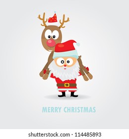 Merry Christmas Greeting Card. Vector Abstract Xmas Background. Vector Santa Holding Deer Rudolf.