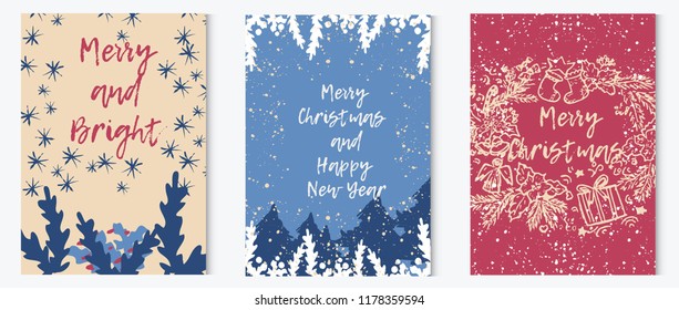 Merry Christmas greeting card vector set.  Vector Christmas Posters set. Template for banners, presentations and greeting cards. Vector illustration.