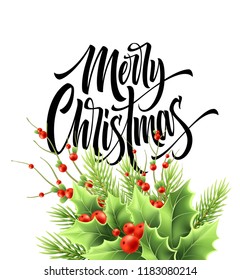 Merry Christmas greeting card vector template. Xmas hand lettering. Realistic decorative holly tree twigs with red berries and fir branch illustration. Poster, postcard isolated calligraphic lettering