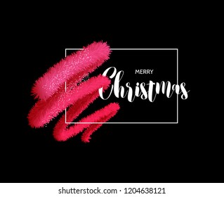 Merry Christmas greeting card vector template. Xmas calligraphy black background with frame, red tinsel and calligraphy.Trendy poster vector illustration