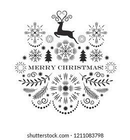 Merry christmas greeting card , Vector illustration, black and white image