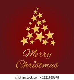 Merry Christmas greeting card vector with golden stars in shape of a tree on red background.
