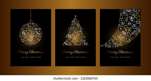 Merry Christmas greeting card vector template set. Xmas decorations linear icons with calligraphy