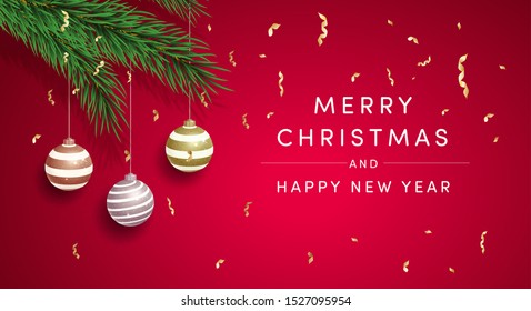 Merry christmas greeting card vector template. Happy new year postcard, xmas banner layout. Festive decorations hanging on fir tree branches and confetti realistic illustration with typography