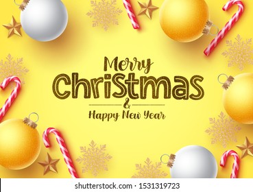 Merry christmas greeting card vector background. Christmas greeting text in gold glitters for holiday season with candycane elements, christmas balls, snowflakes and stars. Vector Illustration