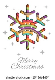 Merry Christmas greeting card vector template. Layered paper cut colorful snowflake and Merry Christmas hand lettering.
