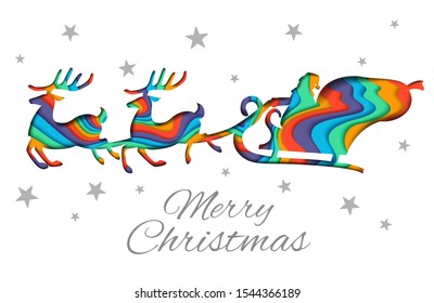 Merry Christmas greeting card vector template. Layered paper cut colorful Santa riding sleigh with reindeer silhouettes, snowflakes and Merry Christmas hand lettering.