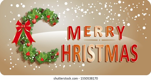 Merry Christmas greeting card vector illustration with letter decorated spruce tree and holly red berries, cone shape, glass toys. Isolated vector illustration. Holiday celebration in December