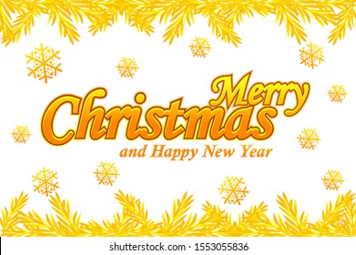 Merry Christmas, greeting card. Vector Golden logo, snow and Christmas tree on white background.