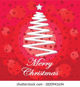 Merry Christmas greeting card vector with red background, multiple opacity circles, and stars. The pine tree is depicted as a shaded white curved line with a star on it.