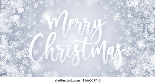 Merry Christmas Greeting Card Vector Blue Abstract Background With Snowflakes And Lights. 3D Calligraphic Hand Drawn Text Merry Christmas Vector Illustration