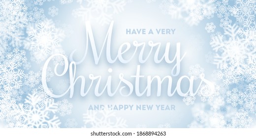 Merry Christmas Greeting Card Vector Illustration With 3D Calligraphic Text And White Soft Snowflakes On Light Blue Background. Xmas And Happy New Year Greetings Vector Wallpaper