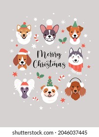 Merry Christmas greeting card. Vector illustration with cute dogs faces in winter and party hats, surrounded by snow, stars, mistletoes, and candy canes. Isolated on light grey background