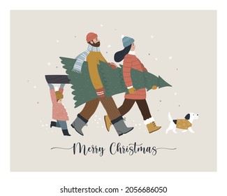 Merry Christmas greeting card. Vector cartoon illustration in trendy flat style with young parents, their little daughter and cute white dog in warm winter clothes, carrying a Christmas tree