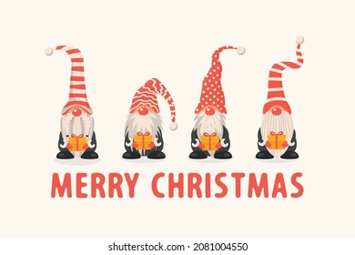 Merry Christmas Greeting Card. Vector Christmas Cute Gnome with Caps Set in Flat Style Isolated. Design Template for Merry Christmas and Happy New Year Banner. Cartoon Kids Character - Funny Gnomes