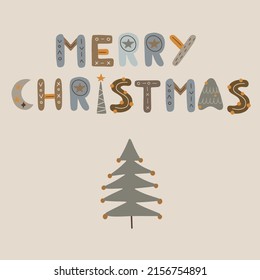 Feliz tarjeta de felicitación de Navidad. Ilustración vectorial con un árbol de Navidad al estilo boho.