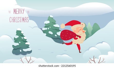 Merry Christmas greeting card vector illustration. Cartoon cute Santa Claus character carrying bag with gifts in winter landscape with snow and fir trees, happy grandfather with beard running