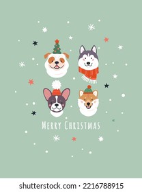 Merry Christmas greeting card. Vector illustration with cute dogs faces in winter and party hats, and scarfs surrounded by snow, and stars, Isolated on light green background