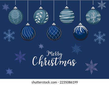 Merry Christmas greeting card vector template. Traditional festive congratulation. New Year, Winter holidays attributes. Xmas baubles hanging and snowflakes.  Postcard design on dark blue background.