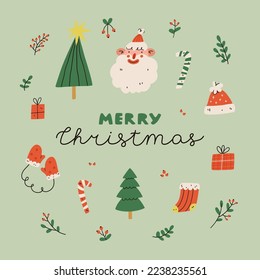 Merry Christmas greeting card. Vector cartoon flat illustration.