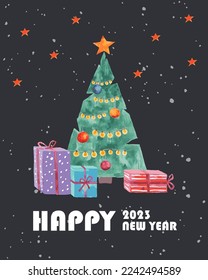 Merry Christmas greeting card. Vector illustration in trendy flat style. New year, happy and christmas concept.  Trendy celebration print of New Year 2023. 