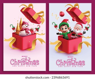 Merry christmas greeting card vector poster set. Christmas gift box with santa claus, reindeer and snowman characters for holiday season gift tags collection. Vector illustration xmas greeting card 