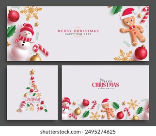 Merry christmas greeting card vector template set design. Christmas snow man and ginger bread character with xmas decoration elements in white elegant background collection. Vector illustration 