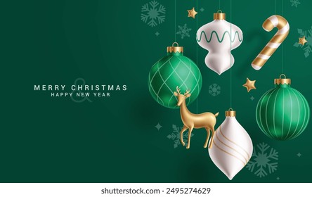 Merry christmas greeting card vector design. Christmas hanging balls, deer, candy cane, ornaments and xmas elements in elegant green background. Vector illustration greeting card design.  