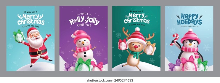 Merry christmas greeting card vector poster set design. Christmas santa claus, snowman, reindeer and penguin characters in greeting cards collection. Vector illustration holiday season postcard 