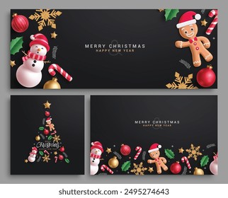 Merry christmas greeting card vector template set design. Christmas holiday invitation card collection in elegant black background with xmas elements decoration. Vector illustration season greeting 