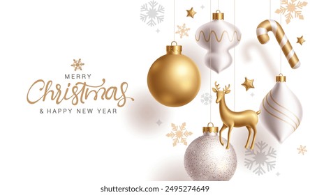 Merry christmas greeting card vector design. Christmas hanging glitter balls, candy cane, deer, ornaments and gold elements decoration in elegant white background. Vector illustration holiday season 