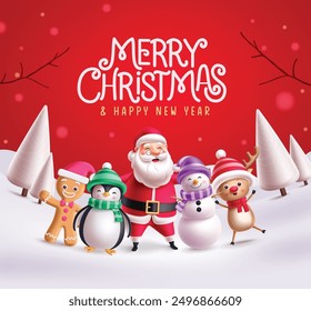 Merry christmas greeting card vector design. Christmas greeting text with santa claus, penguin, ginger bread, snowman and reindeer characters in snow winter red background. Vector illustration holiday