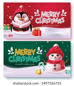 Merry christmas greeting card vector banner set design. Christmas and happy new year greeting text with penguin and snowman characters in red and green background collection. Vector illustration 