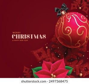 Diseño de Vector de tarjeta de felicitación de feliz Navidad. Navidades y texto de feliz año nuevo con bola de Navidad, flor de pascua y Elementos de decoración de copos de nieve de brillo en elegante fondo rojo. Vector 