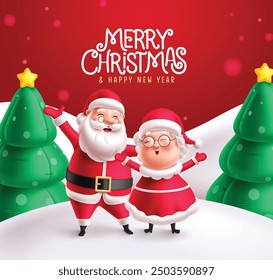 Merry christmas greeting card vector design. Christmas and happy new year with mr santa and mrs claus characters and pine tree inflatable balloons in snow winter background. Vector illustration 