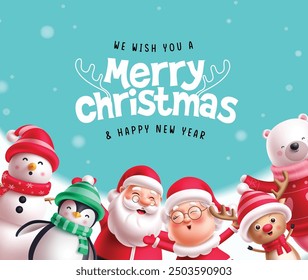 Merry christmas greeting card vector design. Christmas characters like santa, mrs claus, snowman, penguin, polar bear and reindeer for new year greeting card holiday background. Vector illustration 