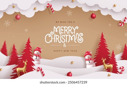 Merry christmas greeting card vector banner design. Christmas and happy new year greeting text with red pine tree paper cut, snowman, clouds origami and hanging xmas elements. Vector illustration red 