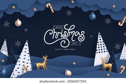 Merry christmas greeting card vector banner design. Christmas and happy new year greeting text with clouds paper cut, pattern pine tree and hanging xmas elements in blue background. Vector 